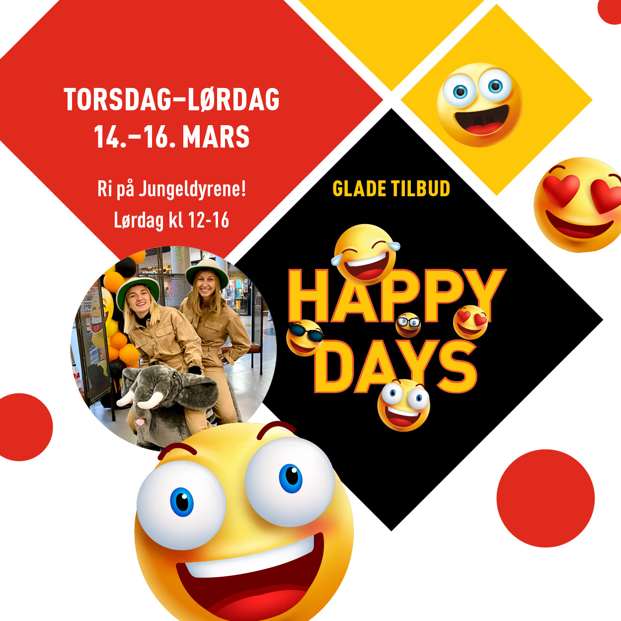 Happy Days 14.-16. mars med glade tilbud og besøk av Jungeldyr