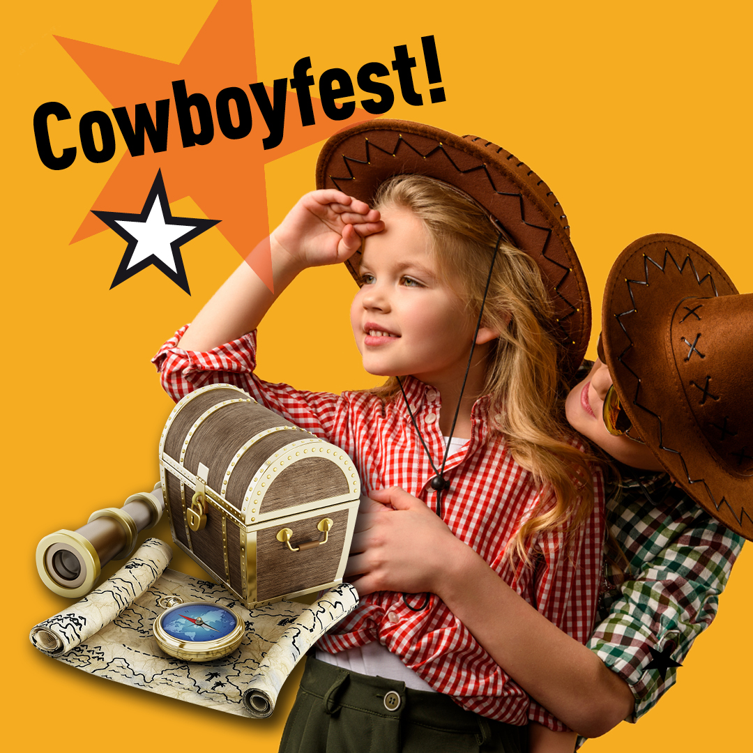 Cowboyfest Lillestrøm Jente og gutt med cowboyhatt, skattekiste og skattekart