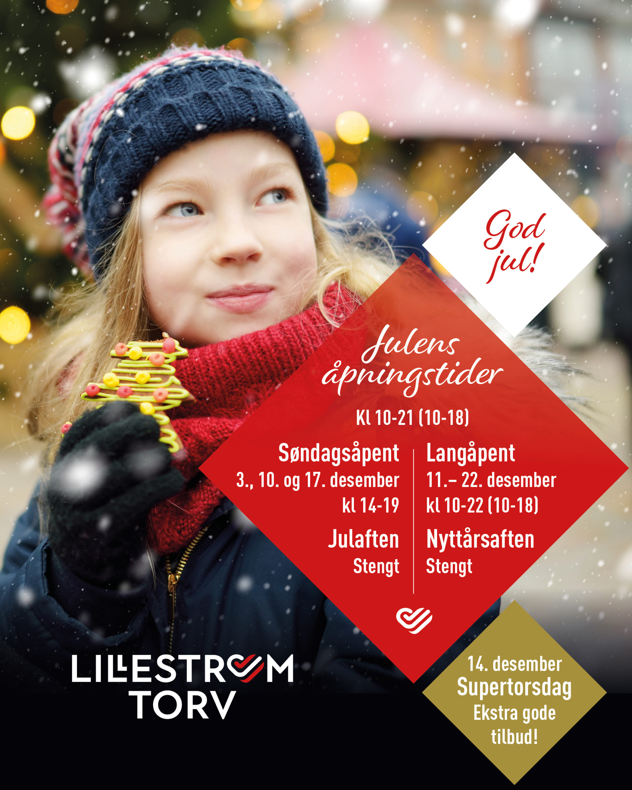 Julens åpninstider på Lillestrøm Torv. Jente med lue og pepperkake i hånden.