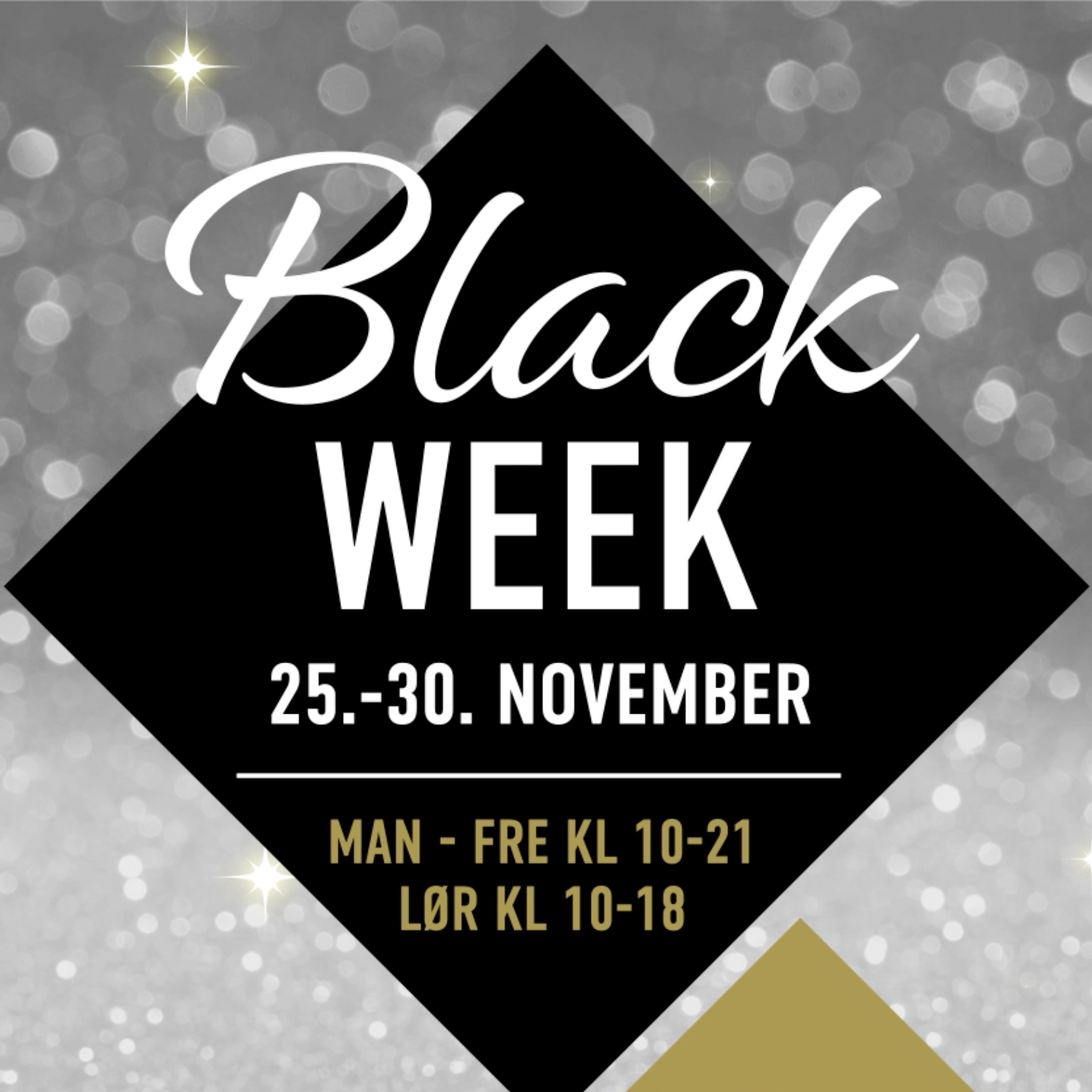 Et banner som annonserer Black Week med datoene 25.-30. november. Designet har en svart bakgrunn med gull og svarte ballonger, konfetti og en lys gradient nederst. Midt i bildet står teksten "Black Week" i hvit og gull, med åpningstidene "Man-Fre kl 10-21" og "Lør kl 10-18" i gullfarge. Banneret har en elegant og festlig stil.