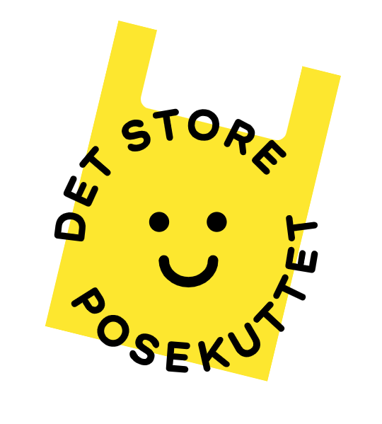 En enkel illustrasjon av en gul plastpose med et smilende ansikt i midten. Rundt posen står teksten "DET STORE POSEKUTTET" skrevet i svart, med bokstavene bøyd i en sirkel rundt smilefjeset. Designet representerer en kampanje for å redusere bruken av plastposer.