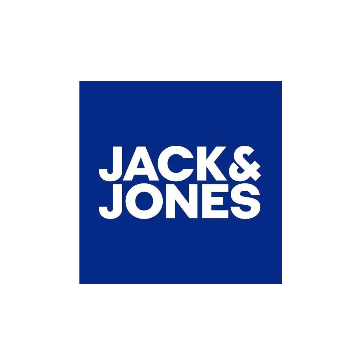 Jack & Jones hvit logo på blå bakgrunn inni hvit ramme